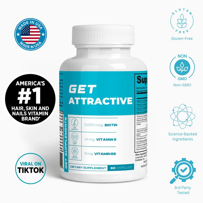GET ATTRACTIVE – Vitaminas Cabello, Piel y Uñas con Biotina 5000 mcg